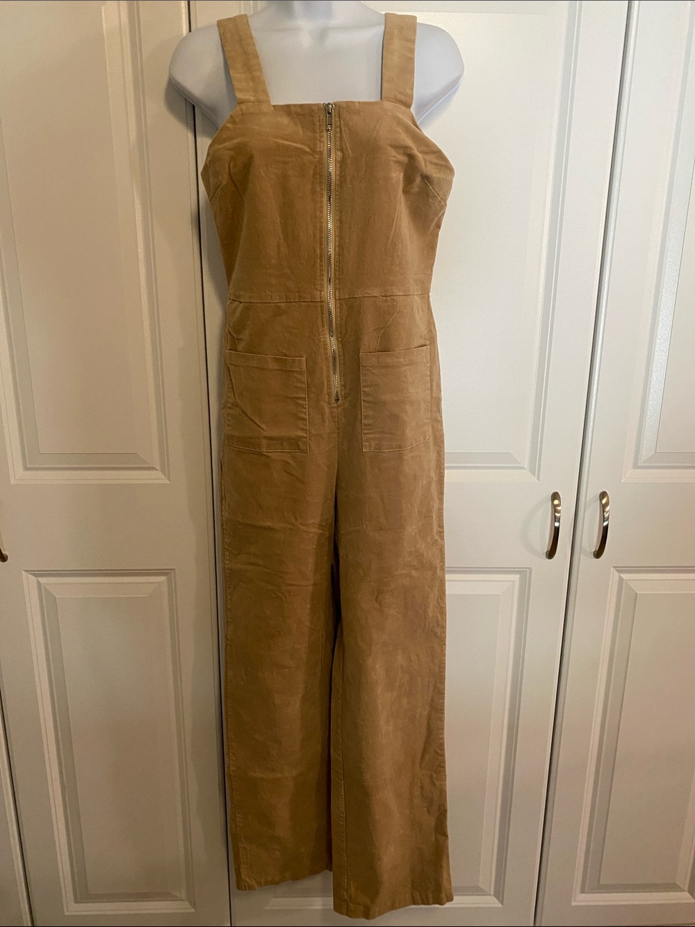 Tan Wide-Strap Zip-Front Jumpsuit with Front Patch Pockets